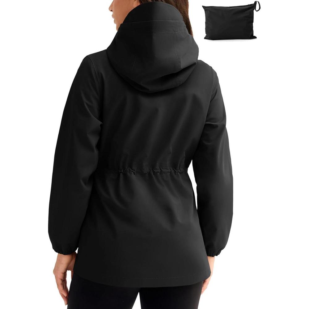 imageTBMPOY Womens Lightweight Rain Long Jackets Packable with Hooded Outdoor Hiking Waterproof Windbreaker Raincoats TravelBlack