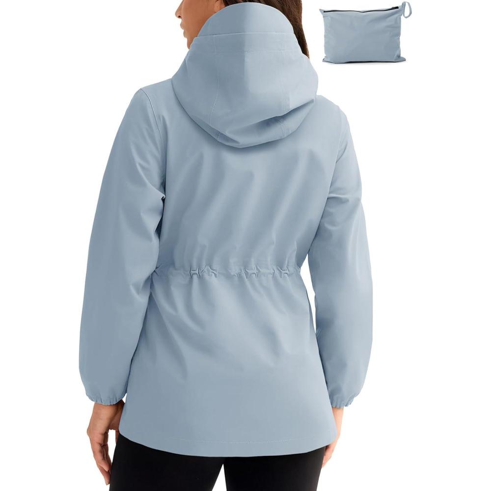 imageTBMPOY Womens Lightweight Rain Long Jackets Packable with Hooded Outdoor Hiking Waterproof Windbreaker Raincoats TravelLight Blue