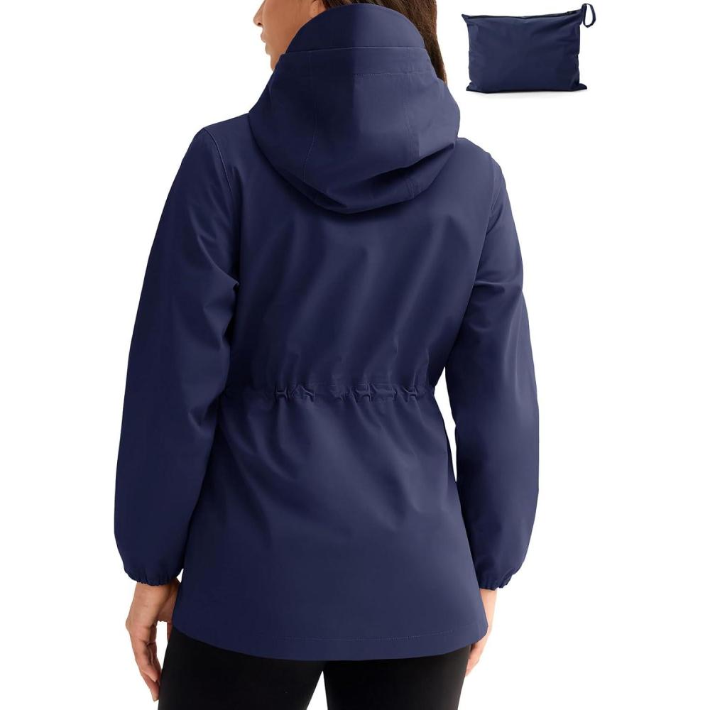 imageTBMPOY Womens Lightweight Rain Long Jackets Packable with Hooded Outdoor Hiking Waterproof Windbreaker Raincoats TravelNavy Blue