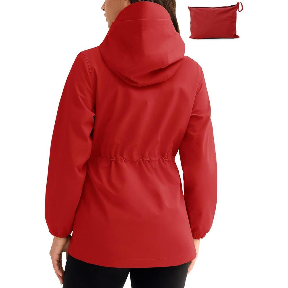 imageTBMPOY Womens Lightweight Rain Long Jackets Packable with Hooded Outdoor Hiking Waterproof Windbreaker Raincoats TravelRed