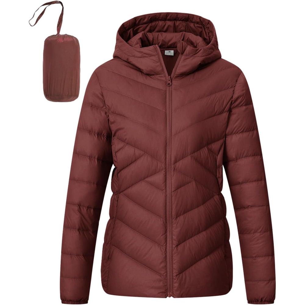 imageTBMPOY Womens Packable Down Jacket Lightweight Winter Puffer Jacket Hooded Warm Coat Waterproof Quilted Thermal JacketsWine Red