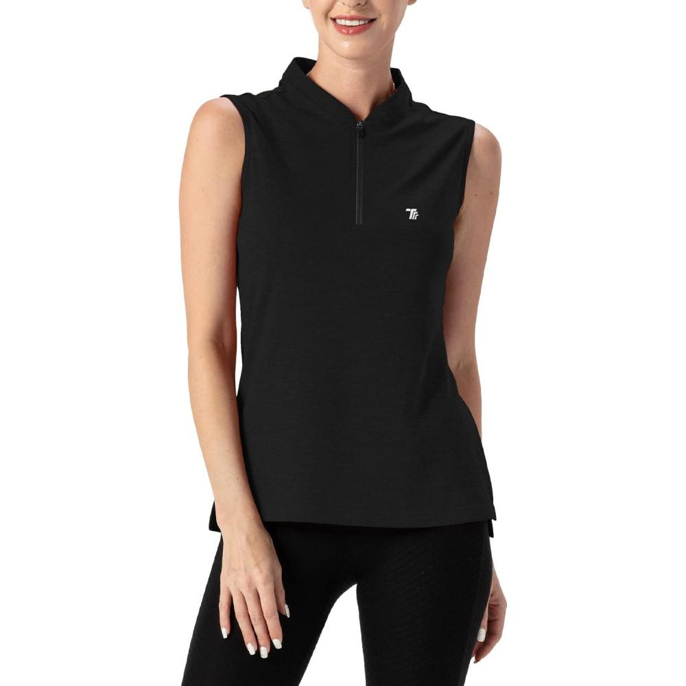 imageTBMPOY Womens Sleeveless Golf Polo Shirts UPF 50 Tennis Tank Tops Quick Dry Zip Up12black
