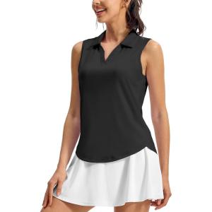 imageTBMPOY Womens Golf Shirts Sleeveless Collared Polo Tank Top UPF 50 Quick Dry Tennis VNeck Ladies SportsBlack