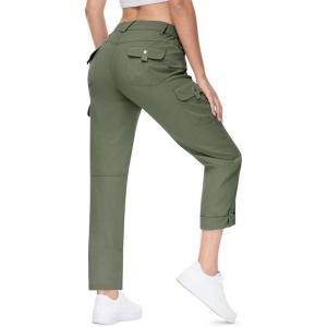 imageTBMPOY Womens Hiking Pants Quick Dry Convertible Lightweight Roll Up Cargo Pockets Travel Essentials Waterproof WorkArmy Green