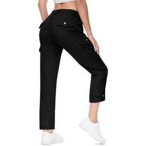 imageTBMPOY Womens Hiking Pants Quick Dry Convertible Lightweight Roll Up Cargo Pockets Travel Essentials Waterproof WorkBlack