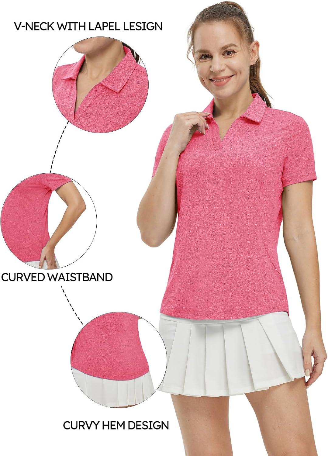 imageTBMPOY Womens Golf Polo Shirts Short Sleeve VNeck Tennis Shirts Quick Dry UPF 50 Sun Protection Collared ShirtRose