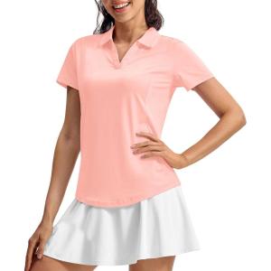 imageTBMPOY Womens Golf Polo Shirts Short Sleeve VNeck Tennis Shirts Quick Dry UPF 50 Sun Protection Collared ShirtPink