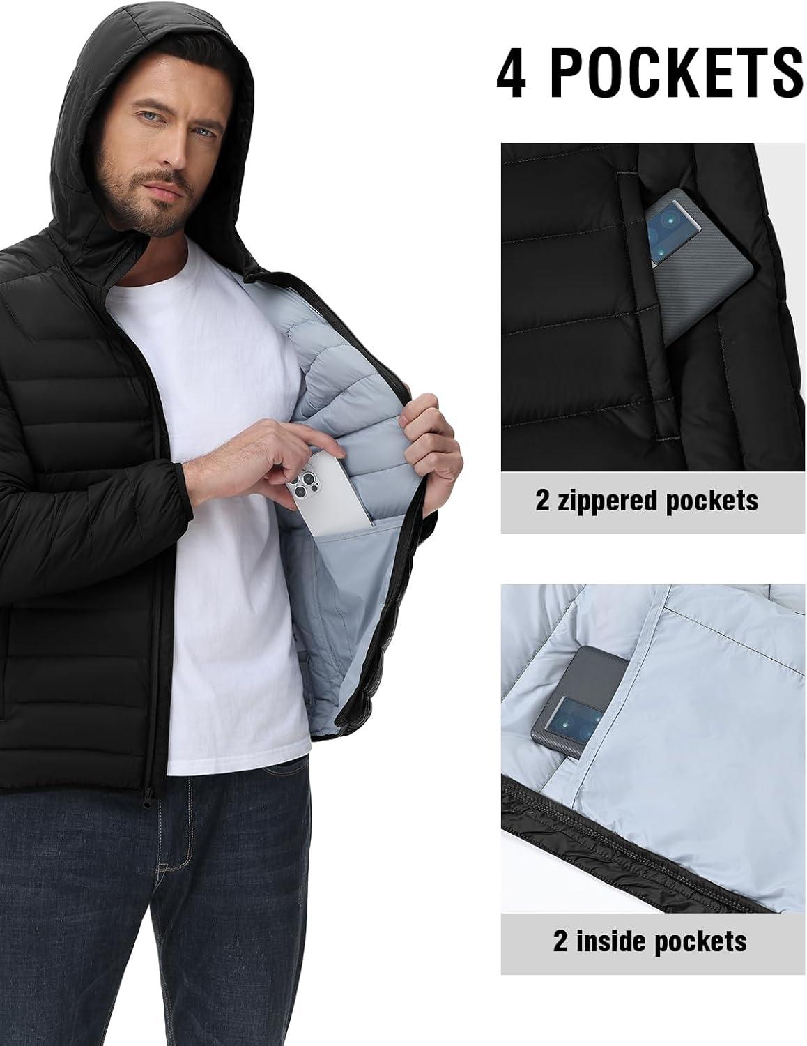 imageTBMPOY Mens Down Puffer Jackets Packable Lightweight Winter Coat Hooded Warm Insulated Puffy JacketBlack