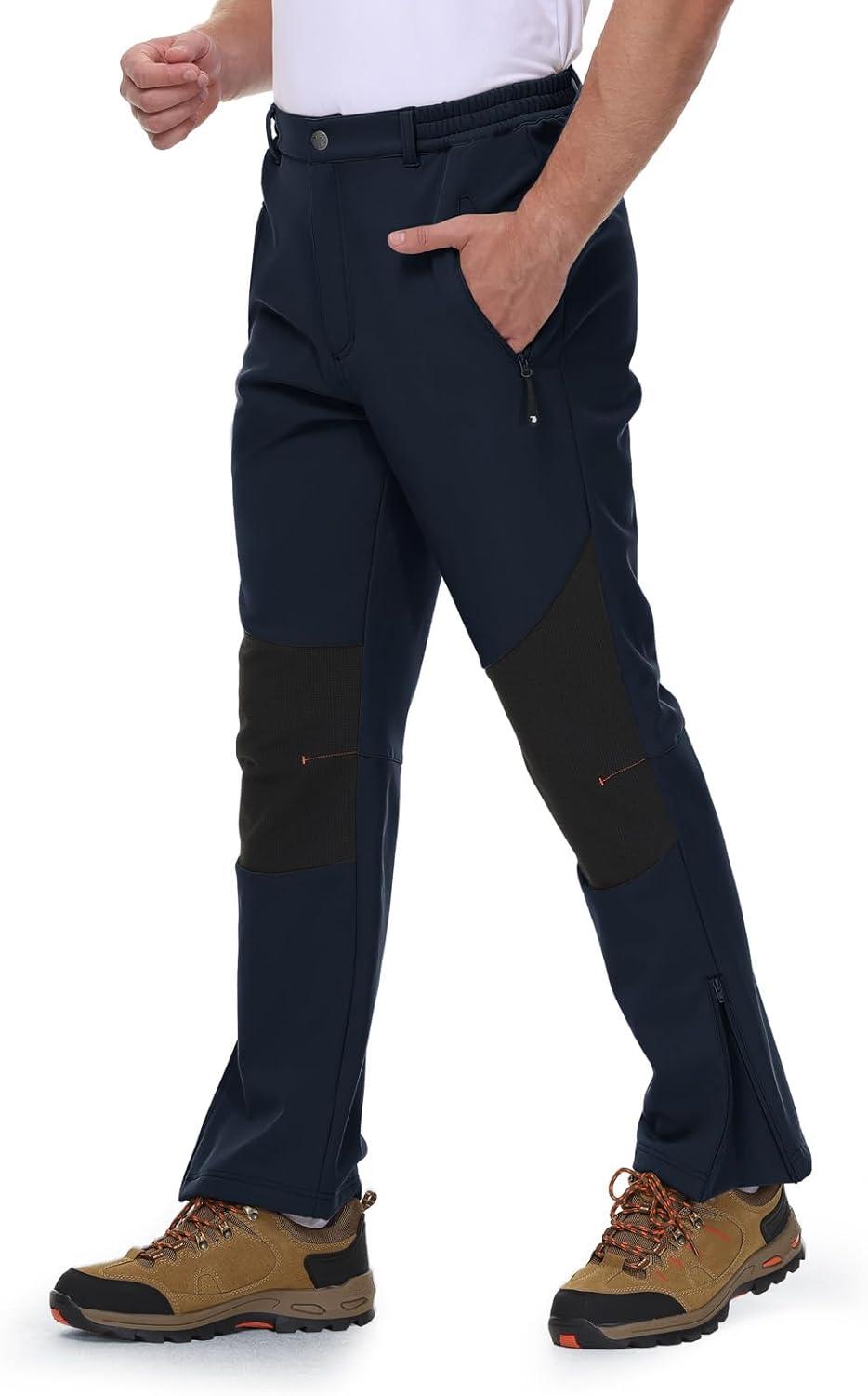 imageTBMPOY Mens Snow Ski Pants Waterproof Fleece Lined Insulated Softshell Winter Snowboard Hiking Zipper Bottom Leg4navy